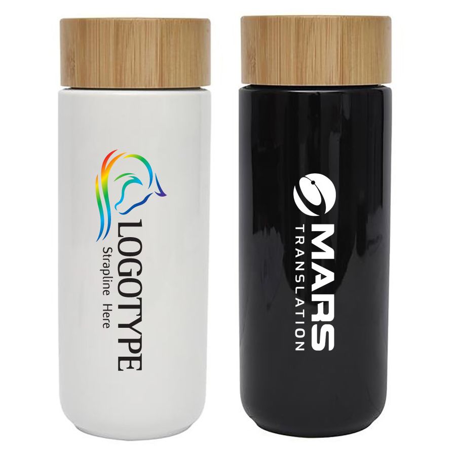 The Eco 10 OZ Double Wall Ceramic Mug With Bamboo Lid - Custom Box Optional - 7.5" W x 4" H